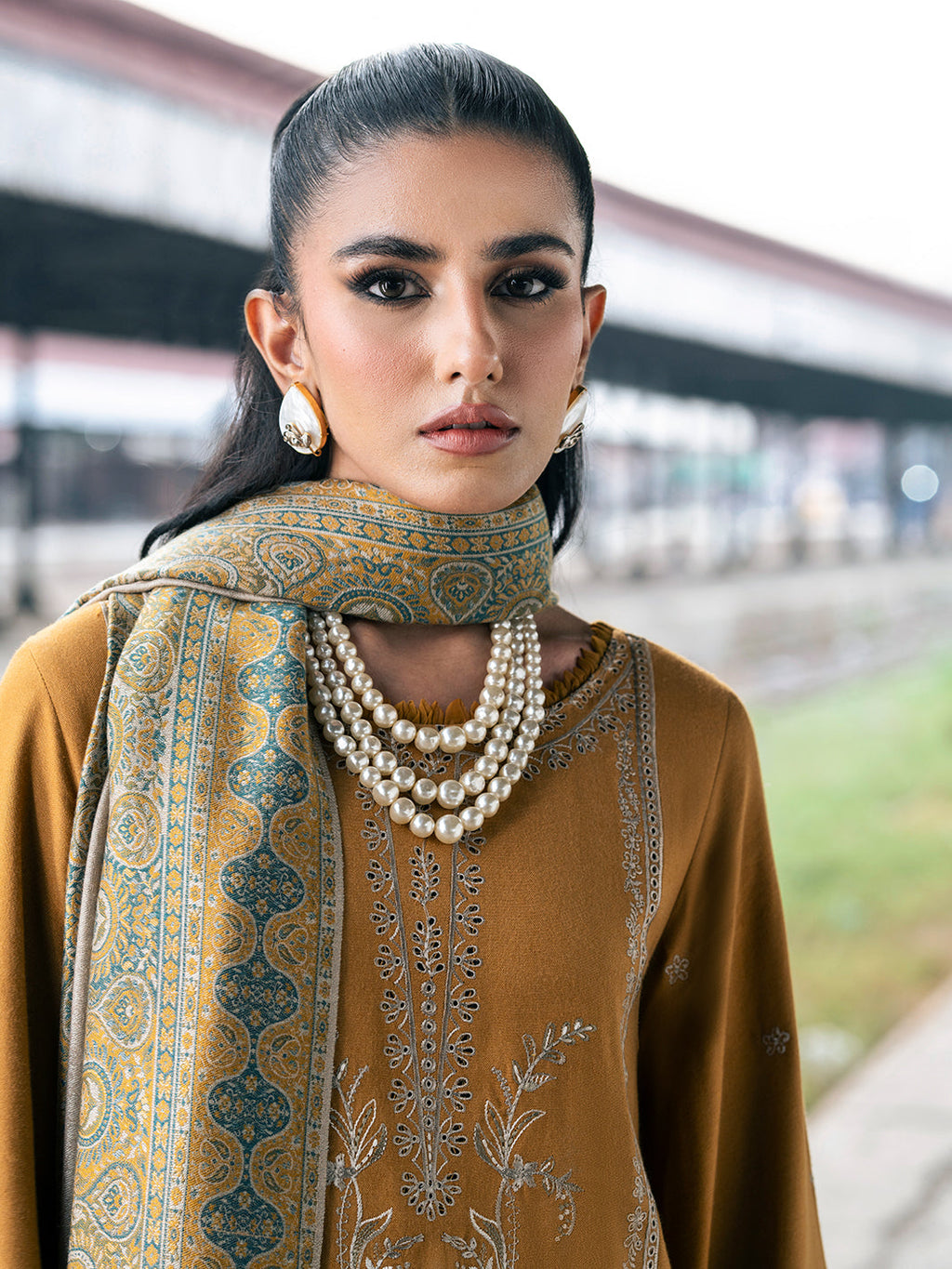 IZEL - 3PC DHANAK EMBROIDERED SHIRT WITH TWILL PRINTED SHAWL AND TROUSER