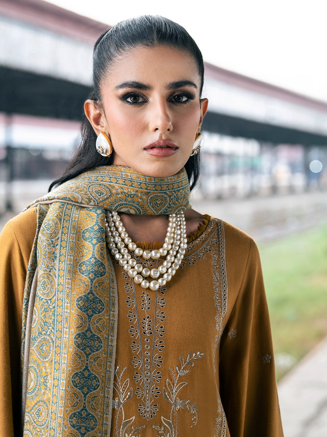 IZEL - 3PC DHANAK EMBROIDERED SHIRT WITH TWILL PRINTED SHAWL AND TROUSER