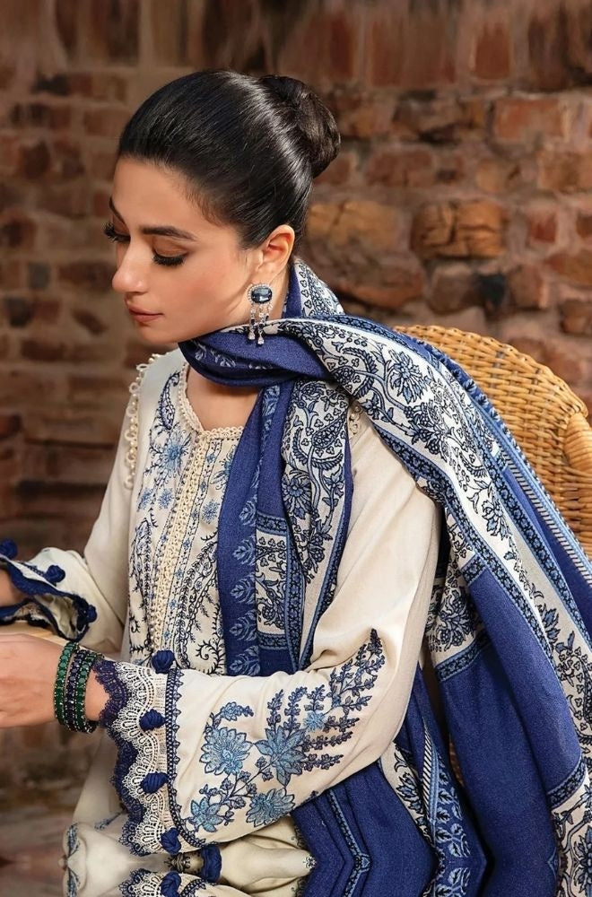 Maria B - 3PC Unstitched Dhanak Embroidered Shirt with Printed Wool Shawl and Trouser