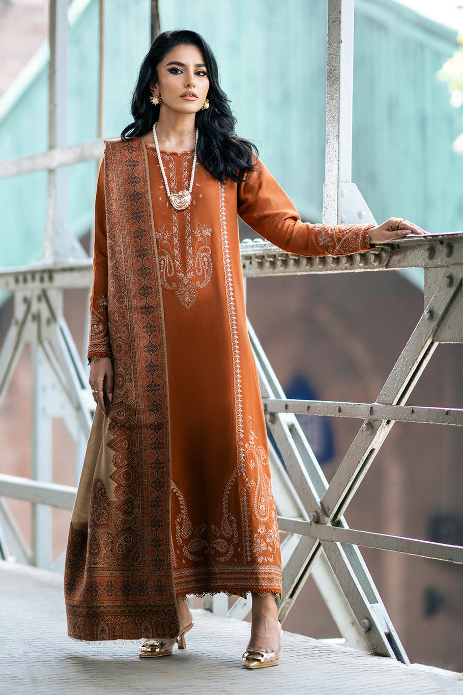 IZEL-3PC DHANAK EMBROIDERED SHIRT WITH COURTRAI PRINTED SHAWL AND TROUSER-WM-4146