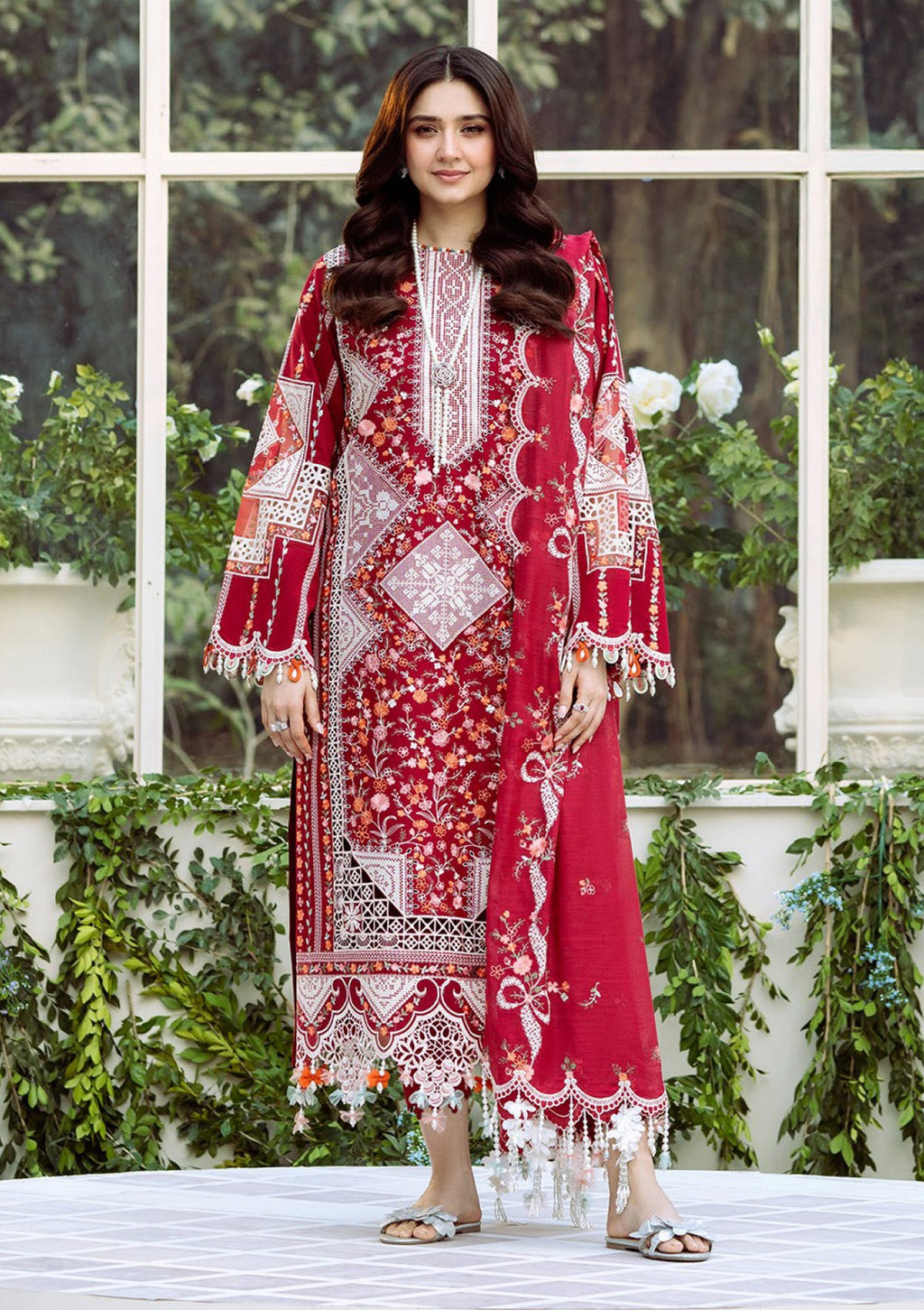 BIN_ILYAS DHANAK EMBROIDERED 3PC WITH DHANAK EMBROIDERED SHAWL